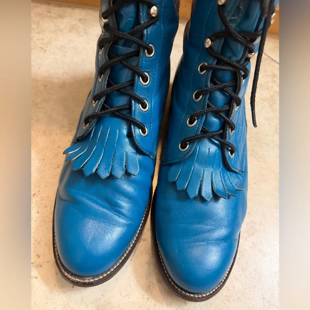 VTG Justin 80s 90s Teal Turquoise Blue Lace-Up Kiltie Roper Granny Boots 7.5-8 - Picture 3 of 11